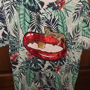 Tropical Leaf Print T-Shirt with Red Lips Design